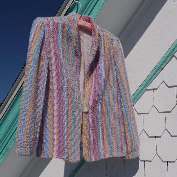Vintage Jackets & Blazers - 90s nubby knit pastel striped vintage blazer